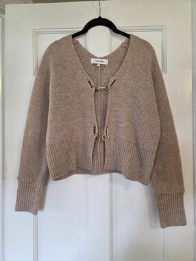 John + Jenn Taupe Knit Cardigan with Gold-Tone Clasps